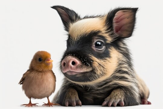 Portrait of a cute piglet with a chicken on its head, taken up close and set against a white background. Generative AI