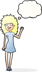 cartoon happy woman waving with thought bubble
