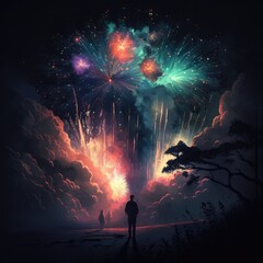 Multi coloured fireworks exploding over clouds, created using generative ai technology
