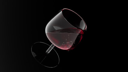 a glass of red wine. glass of red wine leaning. 3d glass of wine on black background