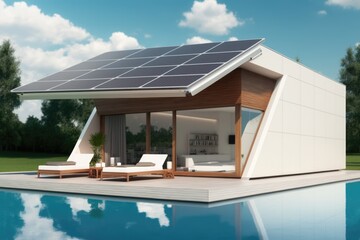 House by pool with solar panels on roof, created using generative ai technology