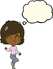 cartoon pretty woman dancing with thought bubble
