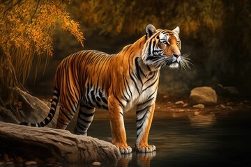 Fototapeta na wymiar Royal Bengal tiger standing in front of a beautiful background. Amazing tiger living in the wild. Scene from nature with a dangerous animal. India is a wild place, so it's hot. Panthera tigeris tigeri