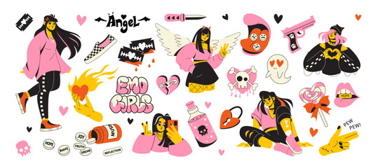 A set of emo elements. Stylish girls in pink and black clothes and stickers and punk paraphernalia. Angel, skull - obrazy, fototapety, plakaty