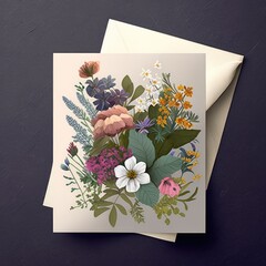 Card with multi coloured flowers and envelope, created using generative ai technology