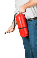 Man using fire extinguisher against grey background