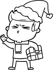 line drawing of a man sweating wearing santa hat
