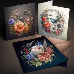 Cards with multi coloured flowers and envelope, created using generative ai technology