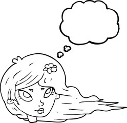 thought bubble cartoon woman with blowing hair
