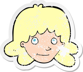retro distressed sticker of a cartoon happy female face