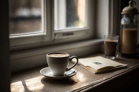 Cup of coffee with pattern and book on wooden windowsill created using generative ai technology