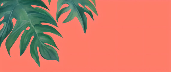 watercolor painting of Philodendron tropical leaves on coral color background generative ai