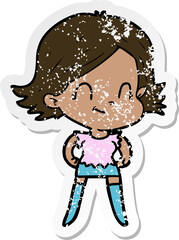 distressed sticker of a cartoon friendly girl