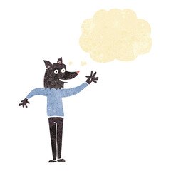 cartoon waving wolf man with thought bubble