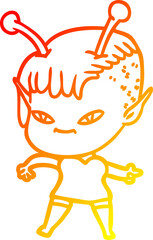 warm gradient line drawing cute cartoon alien girl