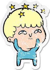 distressed sticker of a cartoon amazed boy
