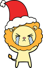 line drawing of a crying lion wearing santa hat