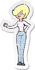 retro distressed sticker of a cartoon woman waving