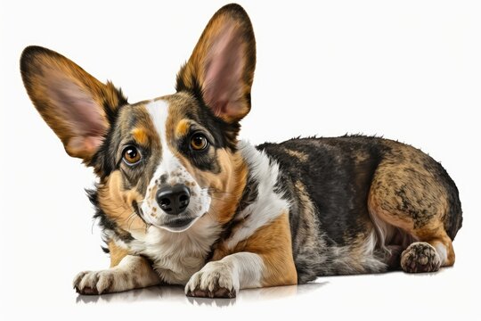 A cute stray dog with big ears and a mix of breeds is lying down facing forward. When you smile, your teeth will show. Trying to look at the camera. Stands out against a white background. Generative