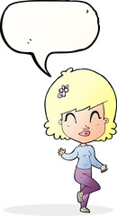 cartoon pretty woman dancing with speech bubble