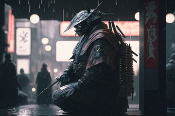 Fototapeta na wymiar Futuristic samurai sitting in the rain. Created with generative Ai technology