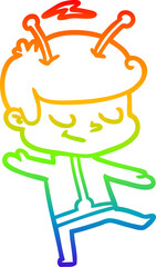 rainbow gradient line drawing friendly cartoon spaceman dancing