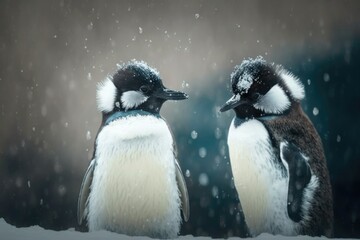 Obraz premium Two penguins looking to the side with snow in the background, created using generative ai technology