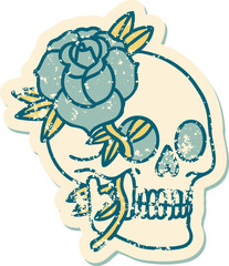 distressed sticker tattoo style icon of a skull and rose