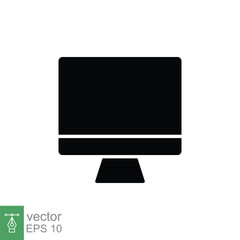 PC monitor icon. Simple solid style. Screen, tv, desktop computer display concept. Black silhouette, glyph symbol. Vector illustration isolated on white background. EPS 10.