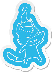 friendly cartoon  sticker of a wolf wearing santa hat