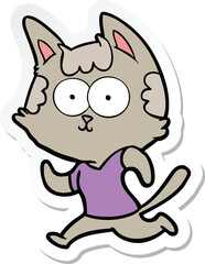 sticker of a happy cartoon cat jogging