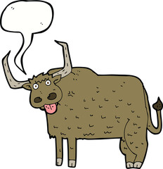 cartoon hairy cow with speech bubble