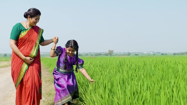 Tracking shot, Girl kid playing by touching crop by holding mother hand at farmland - concept of parental caring, .