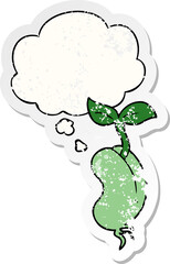 cartoon sprouting seed and thought bubble as a distressed worn sticker