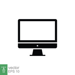 PC monitor icon. Simple solid style. Screen, tv, desktop computer display concept. Black silhouette, glyph symbol. Vector illustration isolated on white background. EPS 10.