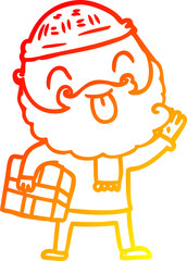 warm gradient line drawing man with beard carrying christmas present