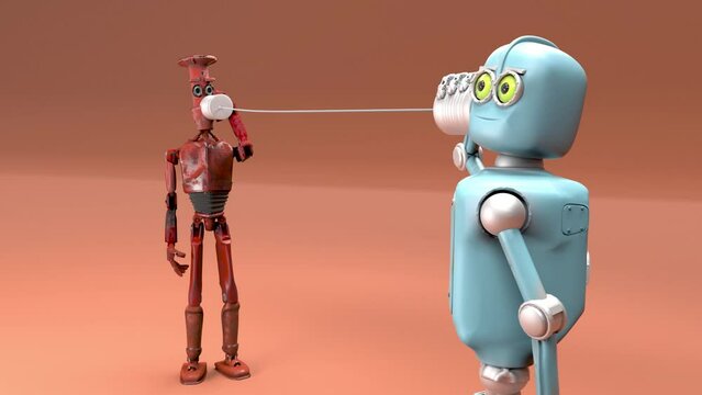 Retro two robots talking on tin can phones. 3d render