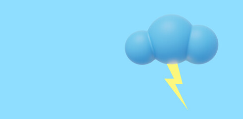 Blue cartoon cloud with lightning. 3D rendering. Icon on blue background, space for text.