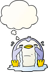 cartoon crying penguin and thought bubble in smooth gradient style