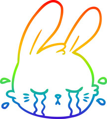 rainbow gradient line drawing cartoon rabbit face crying