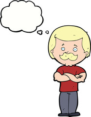 cartoon manly mustache man with thought bubble