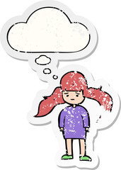 cartoon girl with long hair and thought bubble as a distressed worn sticker