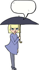 cartoon woman with umbrella with speech bubble