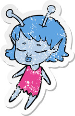 distressed sticker of a cute alien girl cartoon