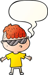 cartoon boy wearing sunglasses and speech bubble in smooth gradient style