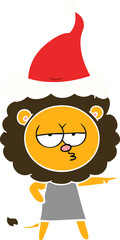 flat color illustration of a bored lion wearing santa hat