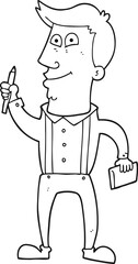 black and white cartoon man with notebook and pen