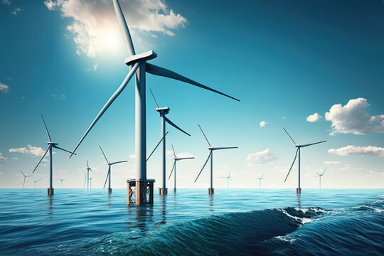 Multiple wind turbines in ocean and clouded sky, created using generative ai technology