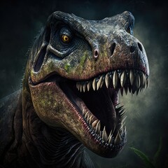 Tyrannosaurus rex roaring over mist and leaves, created using generative ai technology