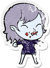 distressed sticker of a cartoon vampire girl with blood on cheek